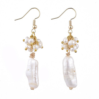 Natural Keshi Pearl Dangle Earrings, with Brass Earring Hooks and Cardboard Boxes, White, 59mm, Pin: 0.8mm
