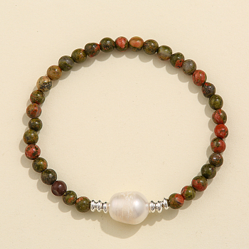 Natural Unakite & Freshwater Pearl Bead Stretch Bracelets for Women, 7-1/8 inch(18cm)