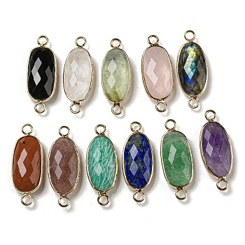 Natural Mixed Gemstone Connector Charms, Faceted Oval Links with Light Gold Plated Brass Edge, 29~29.5x11~11.5x6mm, Hole: 2.2mm