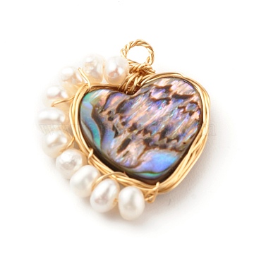 Heart Natural Paua Shell Pendants, Wire Wrapped Pendants, with Natural Cultured Freshwater Pearl Beads and Eco-Friendly Copper Wire, Real 18K Gold Plated, 23x19.5x4mm, Hole: 2mm(PALLOY-JF00737-03)