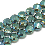 Electroplate Glass Beads Strands, Rainbow Plated, Faceted, Flat Round, Dark Cyan, 8x5mm, Hole: 1.2mm, about 69~72pcs/strand, 21.26 inch(X-EGLA-Q098-A09)
