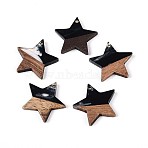 Resin & Walnut Wood Pendants, Star, Black, 20.5x22~22.5x3.5mm, Hole: 1.5mm(RESI-T057-37E)