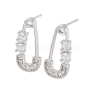 Safety Pins Shape Brass Stud Earrings, with Glass, Real Platinum Plated, 19x9mm(EJEW-F332-04P)
