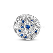 TINYSAND Rhodium Plated 925 Sterling Silver European Bead, with Cubic Zirconia, Flat Round with Moon & Star, Platinum, 12x8.54mm, Hole: 4.5mm(TS-C-258)