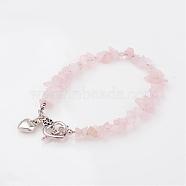 Chip Natural Rose Quartz Beaded Bracelets, Heart, with Tibetan Style Alloy Bar & Ring Toggle Clasps, 193mm(BJEW-JB02322-01)