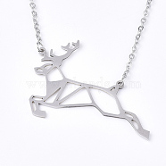 201 Stainless Steel Pendant Necklaces, with Cable Chains, Christmas Reindeer/Stag, Stainless Steel Color, 17.5 inch(44.5cm), 2mm, Reindeer: 42.5x36.5x1mm(NJEW-T009-JN097-1-40)