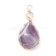 Natural Amethyst Copper Wire Wrapped Pendants, with Grade A Natural Cultured Freshwater Pearl, Real 18K Gold Plated, Teardrop, 38~43x19~19.5x8~8.5mm, Hole: 3.5~3.8mm(PALLOY-JF01398-04)