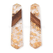 Transparent Resin & Walnut Wood Pendants, with Gold Foil, Polygon, Clear, 49.5x12.5x4mm, Hole: 2mm(RESI-T009-03-A01)