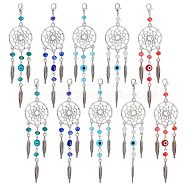 20Pcs 5 Style Woven Net/Web with Feather Tibetan Style Alloy Pendant Decorations, Evil Eye Lobster Clasp Charms, Clip-on Charms, for Keychain, Purse, Backpack Ornament, Stitch Marker, Mixed Color, 115x28.5mm, 4pcs/style(HJEW-NB0001-80)