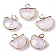 Natural Rose Quartz Semi Circle Pendants, with Brass Findings, Faceted, Half Round, Golden, 13.5~14.5x13~14x5.5mm, Hole: 2mm(G-Q965-11)