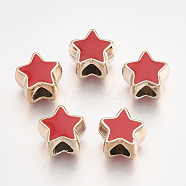 UV Plating Acrylic European Beads, with Enamel, Large Hole Beads, Star, Light Gold, Red, 10.5x11.5x9mm, Hole: 4.5mm(X-OACR-T005-91KC-07)