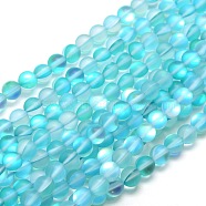 Synthetic Moonstone Beads Strands, Holographic Beads, Half AB Color Plated, Frosted, Round, Cyan, 10mm, Hole: 1mm, about 37pcs/strand, 15 inch(G-F142-10mm-03)