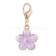 Golden Plated Zinc Alloy Pendants, with Enamel and Lobster Claw Clasps, Flower, Lilac, 30mm, Flower: 17x14x3mm(HJEW-JM00386-04)