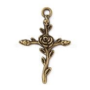 Tibetan Style Alloy Pendants, Cross with Rose Charm, Antique Bronze, 34.5x23x3mm, Hole: 2.5mm(FIND-WH0110-429AB)