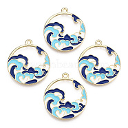 Chinese Style Alloy Enamel Pendants, Cadmium Free & Lead Free, Flat Round with Sea Wave, Golden, Blue, 28x25x1.2mm, Hole: 1.8mm(X-ENAM-M043-03G-01-RS)