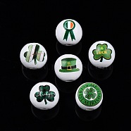 Saint Patrick's Day Theme Printed Wooden Beads, Round, Green, Saint Patrick's Day Themed Pattern, 15.5~16x15mm, Hole: 3.5mm(WOOD-D006-07)