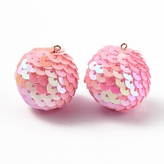 Sparkly Paillette Plastic Pendant Decorations, AB Color Plated, Ball Shape, Pink, 30x29mm, Hole: 2mm(FIND-H211-B-04)