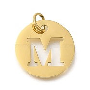 Ion Plating(IP) 304 Stainless Steel Pendants, with Jump Ring, Laser Cut, Flat Round with Letter Charm, Real 18K Gold Plated, Letter M, 20x1mm, Hole: 4.5mm(STAS-M074-01G-M)