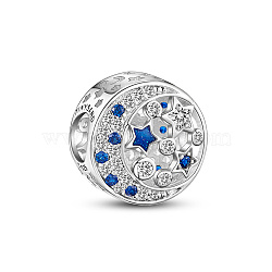 TINYSAND 925 Sterling Silver European Bead, with Cubic Zirconia, Flat Round with Moon & Star, Platinum, 12x8.54mm, Hole: 4.5mm(TS-C-258)