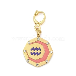 304 Stainless Steel Enamel Pendant Decoration, with Clear Cubic Zirconia, Octagon with Constellations, Golden, Aquarius, 35.5mm(STAS-S168-01G-11)