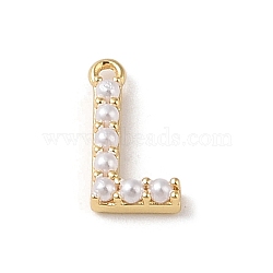 Plastic Imitation Pearl Pendants, with Brass Findings, Golden, Letter L, 14x7x3mm, Hole: 1.3~1.4mm(KK-P230-17G-L)