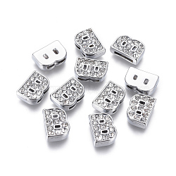 Alloy Initial Slide Charms with Grade A Rhinestones, Lead Free & Nickel Free, Platinum, Letter.B, 12~13x8~13x4~5mm, Hole: 8x2mm(ALRI-R032-B-FF)