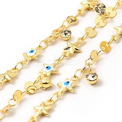 Enamel Star with Evil Eye & Brass Flat Round Link Chains, with Clear Glass Charms, Soldered, with Spools, Real 18K Gold Plated, White, 11x6x2.7mm, 10.5x5.5x2.3mm(CHC-C003-01G-03)