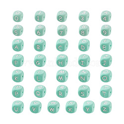 Silicone Beads for Bracelet or Necklace Making, Cube with Letter & Number, Turquoise, 46pcs/box(SIL-TA0001-05D)