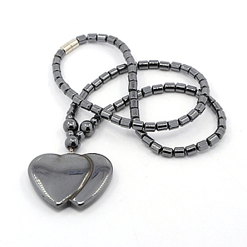 Heart to Heart Magnetic Synthetic Hematite Beaded Necklaces, with Brass Magnetic Clasps, Black, 18.1 inch