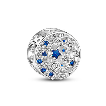 TINYSAND Rhodium Plated 925 Sterling Silver European Bead, with Cubic Zirconia, Flat Round with Moon & Star, Platinum, 12x8.54mm, Hole: 4.5mm