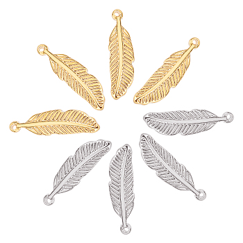 16Pcs 2 Colors 304 Stainless Steel Pendants, Feather, Golden & Stainless Steel Color, 20x5.5x3mm, Hole: 1mm
