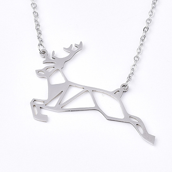 201 Stainless Steel Pendant Necklaces, with Cable Chains, Christmas Reindeer/Stag, Stainless Steel Color, 17.5 inch(44.5cm), 2mm, Reindeer: 42.5x36.5x1mm