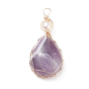 Natural Amethyst Copper Wire Wrapped Pendants, with Grade A Natural Cultured Freshwater Pearl, Real 18K Gold Plated, Teardrop, 38~43x19~19.5x8~8.5mm, Hole: 3.5~3.8mm