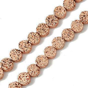 Electroplated Natural Lava Rock Beads Strands, Flat Round, Rose Gold Plated, 6~6.5x2.5~3mm, Hole: 0.9mm, about 62pcs/strand, 15.35''(39cm)