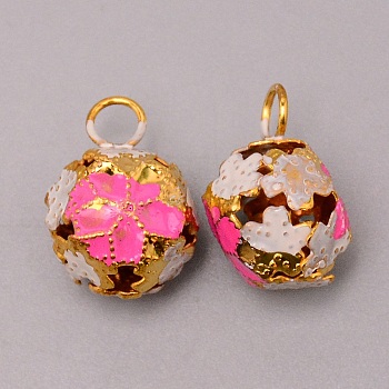 Iron Pendants, with Enamel Flower Pattern, Hollow, Deep Pink, 19~20x14.5x12mm, Hole: 4.5mm