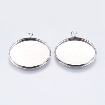 Tarnish Resistant 304 Stainless Steel Pendant Cabochon Settings, Plain Edge Bezel Cups, Flat Round, Stainless Steel Color, Tray: 25mm, 32x27x2mm, Hole: 2x3mm