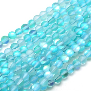 Synthetic Moonstone Beads Strands, Holographic Beads, Half AB Color Plated, Frosted, Round, Cyan, 10mm, Hole: 1mm, about 37pcs/strand, 15 inch