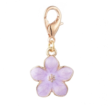 Golden Plated Zinc Alloy Pendants, with Enamel and Lobster Claw Clasps, Flower, Lilac, 30mm, Flower: 17x14x3mm
