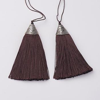 Nylon Tassels Big Pendant Decorations, with CCB Plastic, Antique Silver, Coffee, 85x20x10.5mm