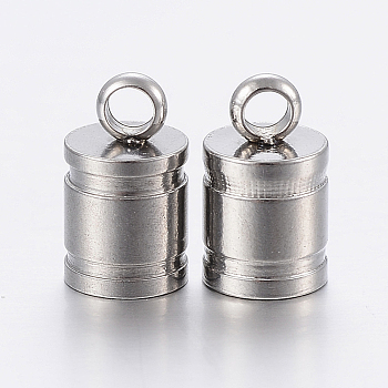 201 Stainless Steel Cord Ends, End Caps, Column, Stainless Steel Color, 14x9mm, Hole: 3mm, 8mm inner diameter