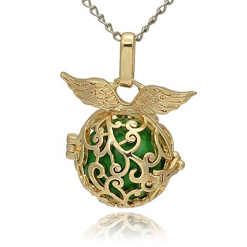 Golden Tone Brass Hollow Round Cage Pendants, with No Hole Spray Painted Brass Ball Beads, Lime Green, 26x26x19mm, Hole: 3x8mm