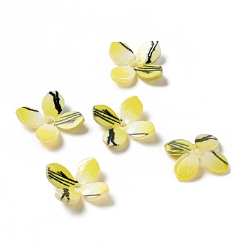 Printed 4-Petal Opaque Acrylic Bead Caps, Flower, Yellow, 12.5~13x12.5~13x2~2.5mm, Hole: 2mm