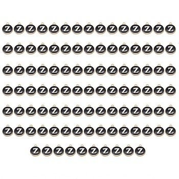 Golden Plated Enamel Alloy Charms, Enamelled Sequins, Flat Round, Black, Letter.Z, 14x12x2mm, Hole: 1.5mm, 100pcs/Box