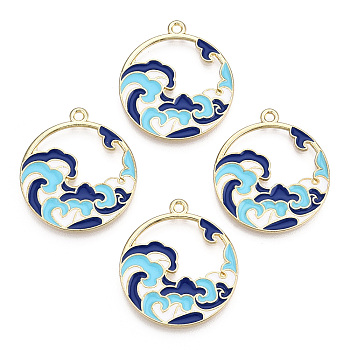 Chinese Style Alloy Enamel Pendants, Cadmium Free & Lead Free, Flat Round with Sea Wave, Golden, Blue, 28x25x1.2mm, Hole: 1.8mm