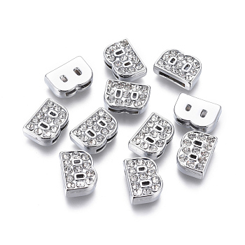 Alloy Initial Slide Charms with Grade A Rhinestones, Lead Free & Nickel Free, Platinum, Letter.B, 12~13x8~13x4~5mm, Hole: 8x2mm