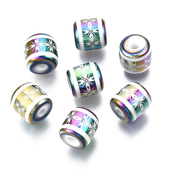 Electroplate Glass Beads, Column with Flower Pattern, Colorful, 11.5x11.5mm, Hole: 2.5mm, about 100pcs/bag