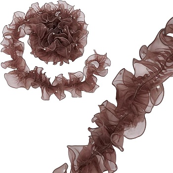 5 Yards Pleated Organza Pleated Lace Ribbon, Ruffled Ribbon with Plastic Beads, Garment Accessories, Coffee, 4-7/8 inch(125mm)