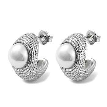 304 Stainless Steel Stud Earrings, ABS Plastic Pearl Beaded Half Hoop Earrings, Stainless Steel Color, 19x13mm