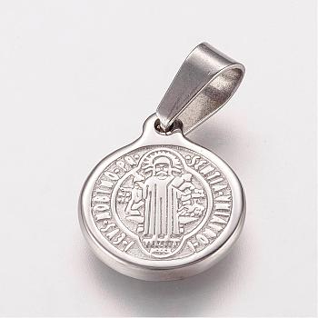 304 Stainless Steel Pendants, Flat Round with Saint Benedict Medal, Stainless Steel Color, 16x13x2mm, Hole: 4x6mm