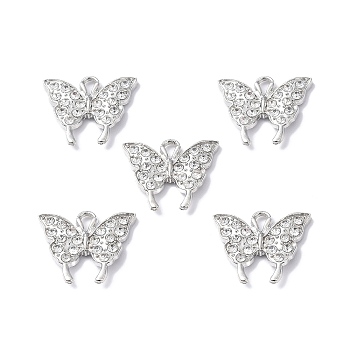 Alloy Rhinestone Pendants, Cadmium Free & Lead Free, Butterfly Charms, Platinum, 16.5x19x2mm, Hole: 2mm